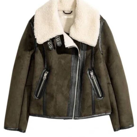 H&M Sherpa Fuax Suede Moto BIker Jacket Olive Green Zip Up Womens 2 - Picture 1 of 8